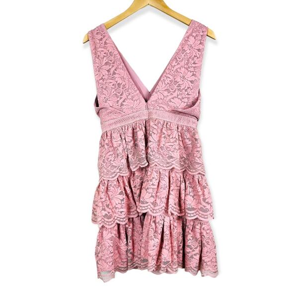 BARDOT Dusty Pink Lace Romantic Tiered Ruffle Mini Dress Cocktail Wedding SMALL - Picture 7 of 10